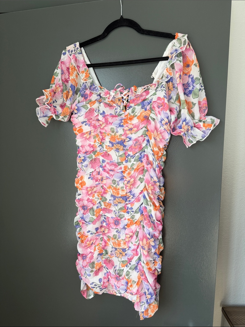 Storia White Floral Ruched Midi Dress with Pink, Purple & Orange Blooms